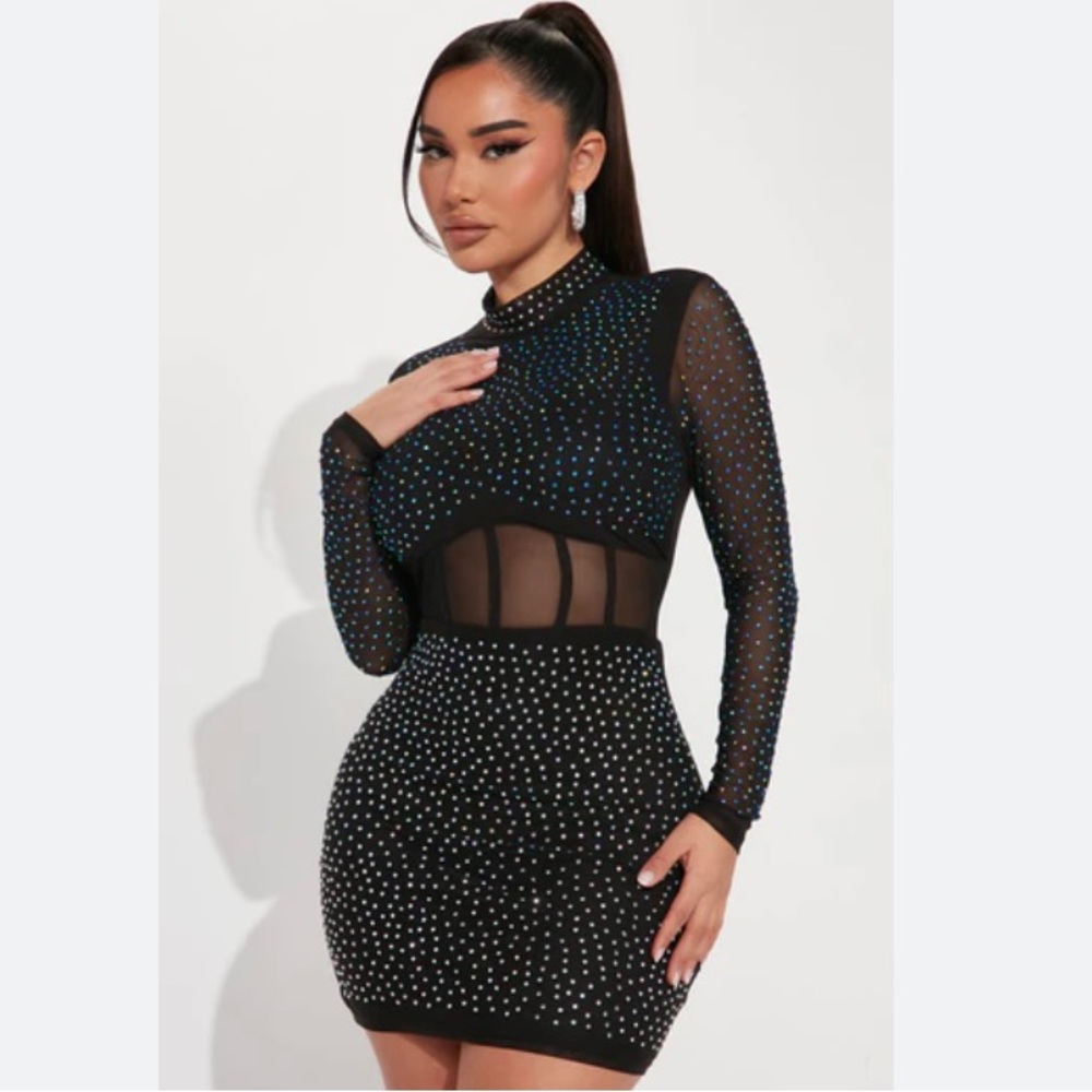 IRIS Body Con Longsleeve Rhinestone Mini Dress Size Small NWOT
